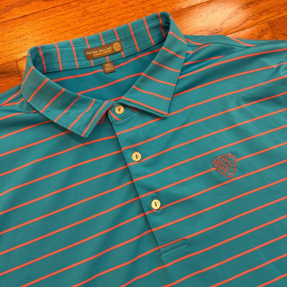 Peter Millar Hempstead Golf Country Club Golf Polo Shirt Mens 2XL Blue Orange